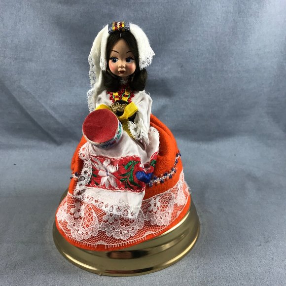 Hand Crafted Other - Musical Revolving Doll Folk Dress Wind Up Music Box Vintage Made in Italy 7"